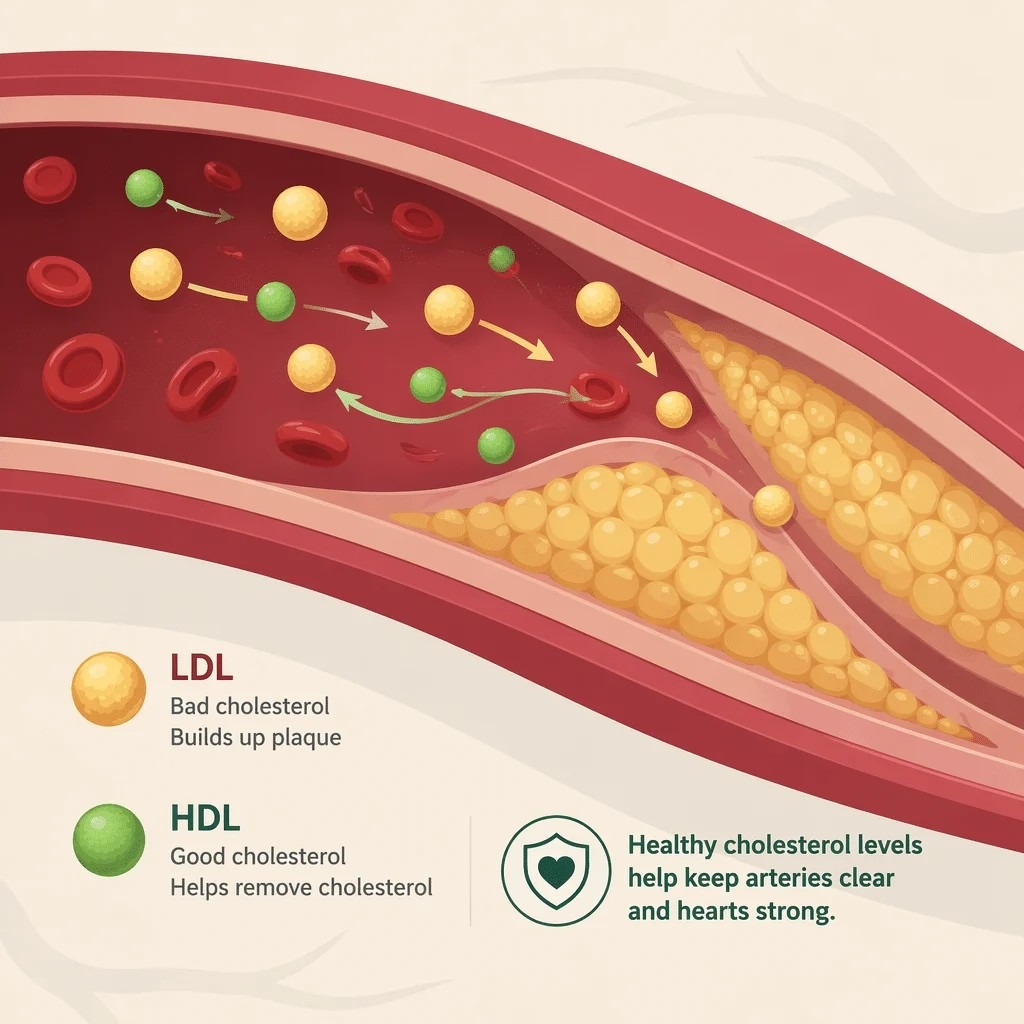 راكم اللويحات الدهنية والكوليسترول الضار داخل جدار الشريان،الأصفر يرمز للضار والأخضر للنافع.